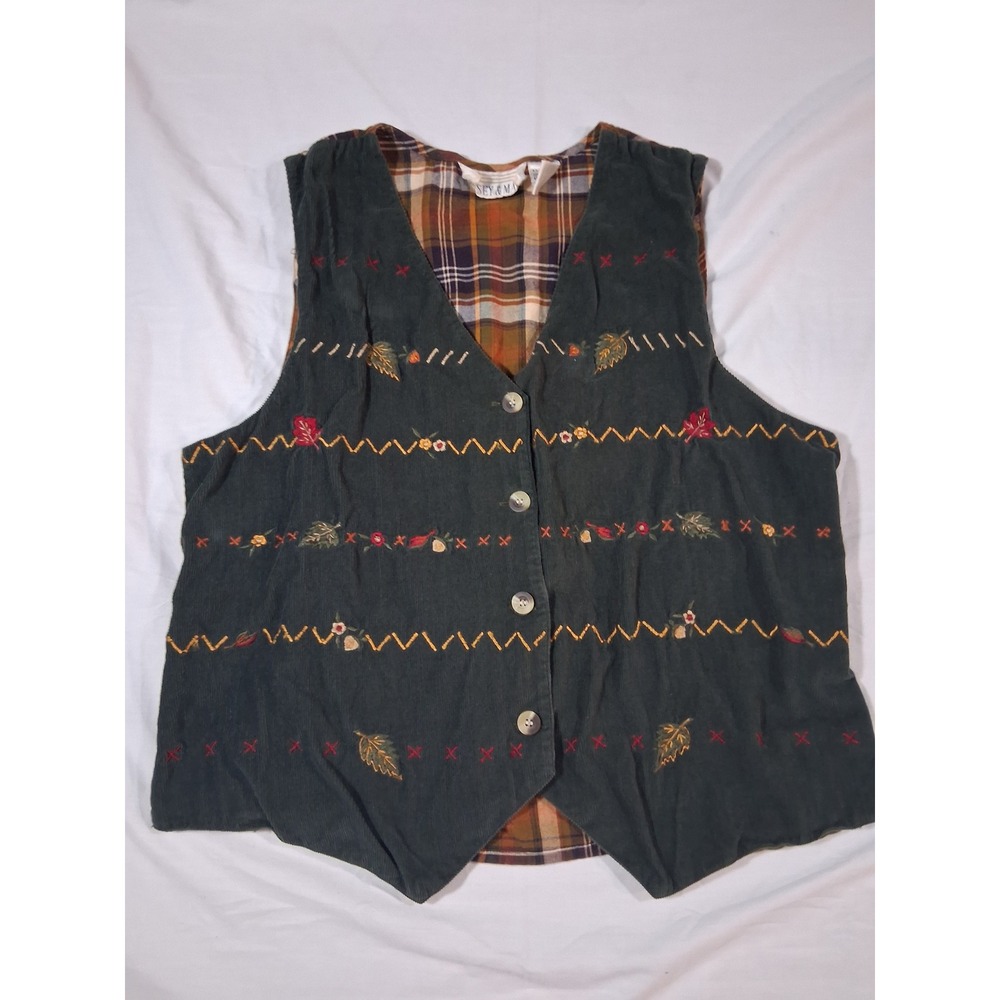 Casey & Max Vintage 90s Green Corduroy Plaid Embroidered Fall Vest Womens Medium
